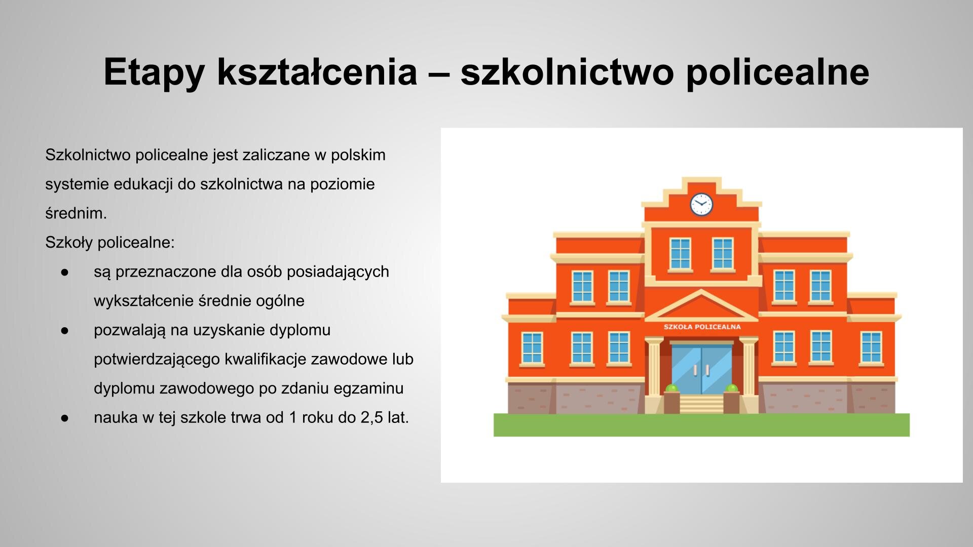 Szary slajd, na którym znajdują się czarne napisy i obrazek. U góry znajduje się napis: „Etapy kształcenia - szkolnictwo policealne”, a poniżej, z lewej strony: „Szkolnictwo policealne jest zaliczane w polskim systemie edukacji do szkolnictwa na poziomie średnim. Szkoły policealne: są przeznaczone dla osób posiadających wykształcenie średnie ogólne, pozwalają na uzyskanie dyplomu potwierdzającego kwalifikacje zawodowe lub dyplomu zawodowego po zdaniu egzaminu, nauka w tej szkole trwa od 1 roku do 2,5 lat”. Z prawej strony znajduje się obrazek na białym tle, który przedstawia piętrowy budynek z pomarańczowymi ścianami. Do budynku prowadzą dwudrzwiowe drzwi, nad którymi znajduje się napis: „Szkoła policealna”.