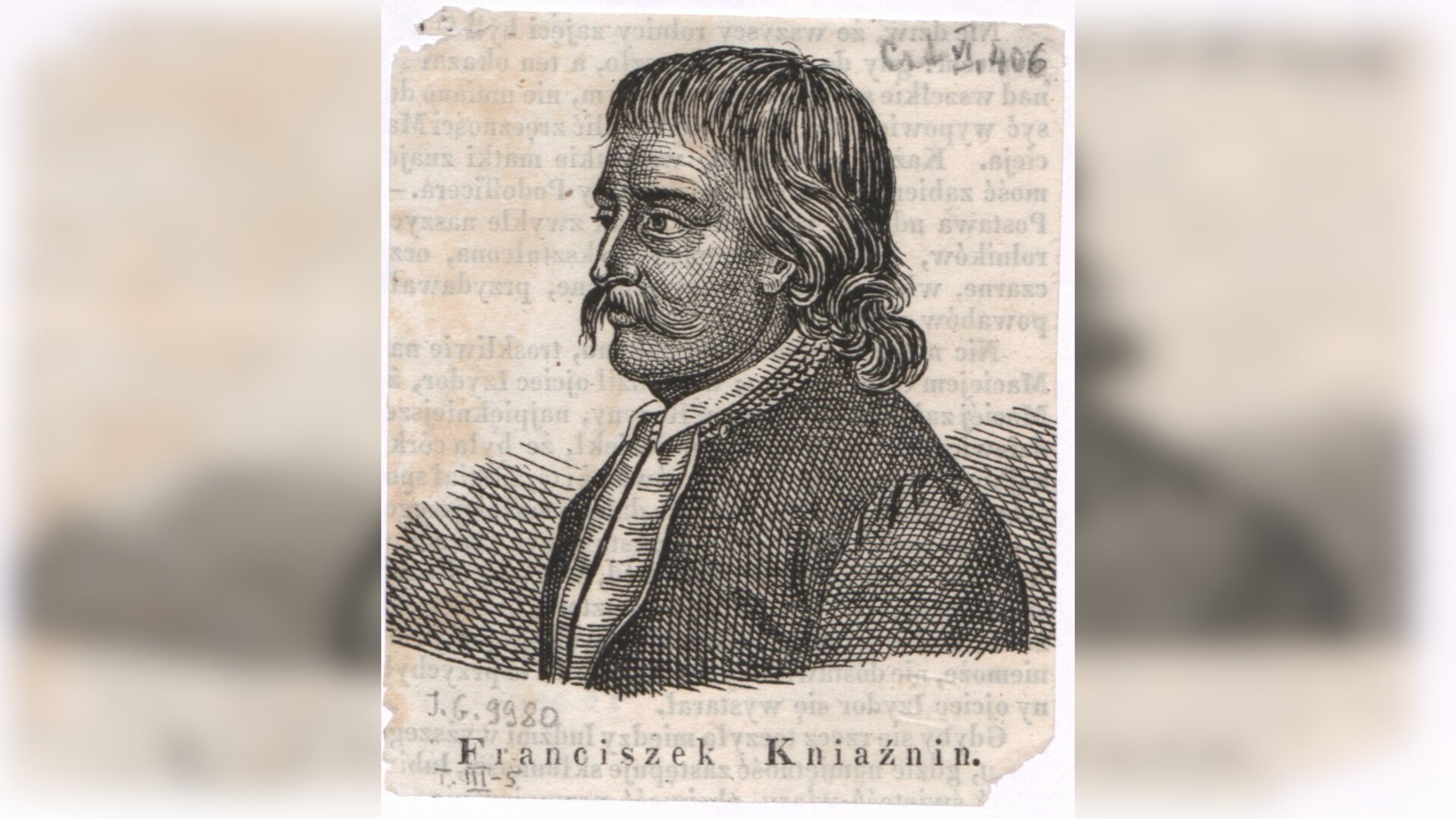 Obraz przedstawia portret mężczyzny w średnim wieku. Ukazany jest jego lewy profil. Mężczyzna ma półdługie włosy zaczesane na twarz. Jego nos jest prosty, a na czole widać poziome zmarszczki. Mężczyzna ma sumiaste wąsy. Ubrany jest w surdut i koszulę.