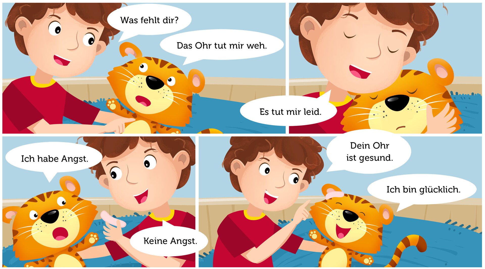 Ilustracja przedstawia chłopca prowadzącego rozmowę z tygryskiem. Ćwiczenie wyświetla się w trybie dostępności.