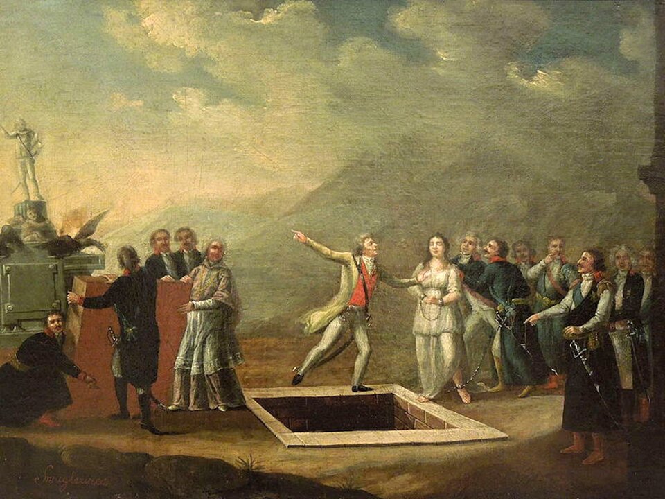 Obraz przedstawia scenę zbiorową. Głównym bohaterem obrazu jest mężczyzna stojący nad wymurowanym w ziemi grobem. Mężczyzna powstrzymuje dłonią prowadzoną przez kilku mężczyzn kobietę. Kobieta ubrana jest w długą, luźną suknię. Jej ręce spętane są kajdanami. Po lewej stronie stoi inna grupa mężczyzn, szykująca się do położenia dużego wieka na grobie. Za nimi znajduje się pomnik Konstytucji Trzeciego Maja, na którym siedzą czarne duże ptaki. 