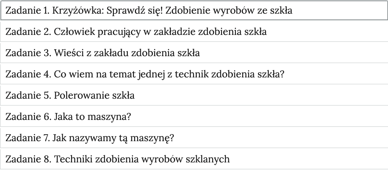 Ilustracja przedstawiona widok ćwiczeń do wyboru, element interaktywnych materiałów sprawdzających. Ćwiczenia dotyczą: technik zdobienia wyrobów ze szkła.
