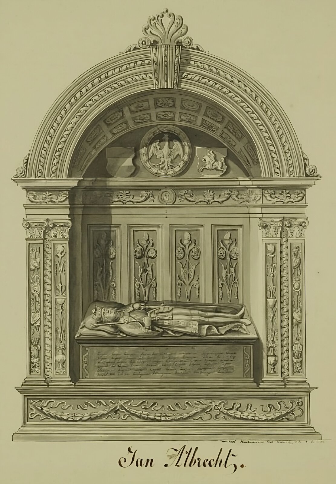 Ilustracja przedstawia rysunek królewskiego nagrobka w katedrze wawelskiej. Portal w formie łuku triumfalnego z niszą, w której znajduje się tumba z figurą grobową  postaci Jana Olbrachta. Figura leży na płycie grobowej odziana w strój rycerski, koronę i berło. Na filarach łuku i pilastrach wewnątrz niszy motywy roślinne. Powyżej fryzu w niszy, pod pełnym łukiem herby Rzeczpospolitej (w centrum), Korony i Pogoni litewskiej. Podpis na grafice z imieniem króla Jana Olbrachta.