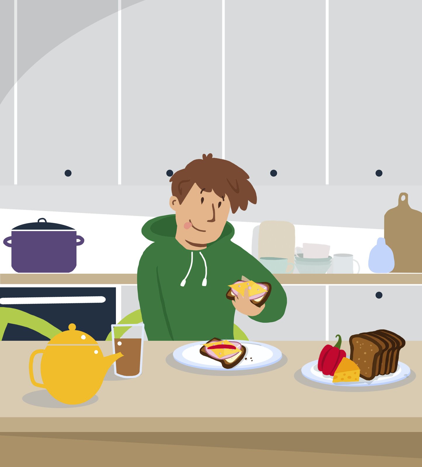 1. Ilustracja przedstawia chłopca w zielonej bluzie z kapturem jedzącego chleb. Ćwiczenie alternatywne wyświetla się w trybie dostępności.
