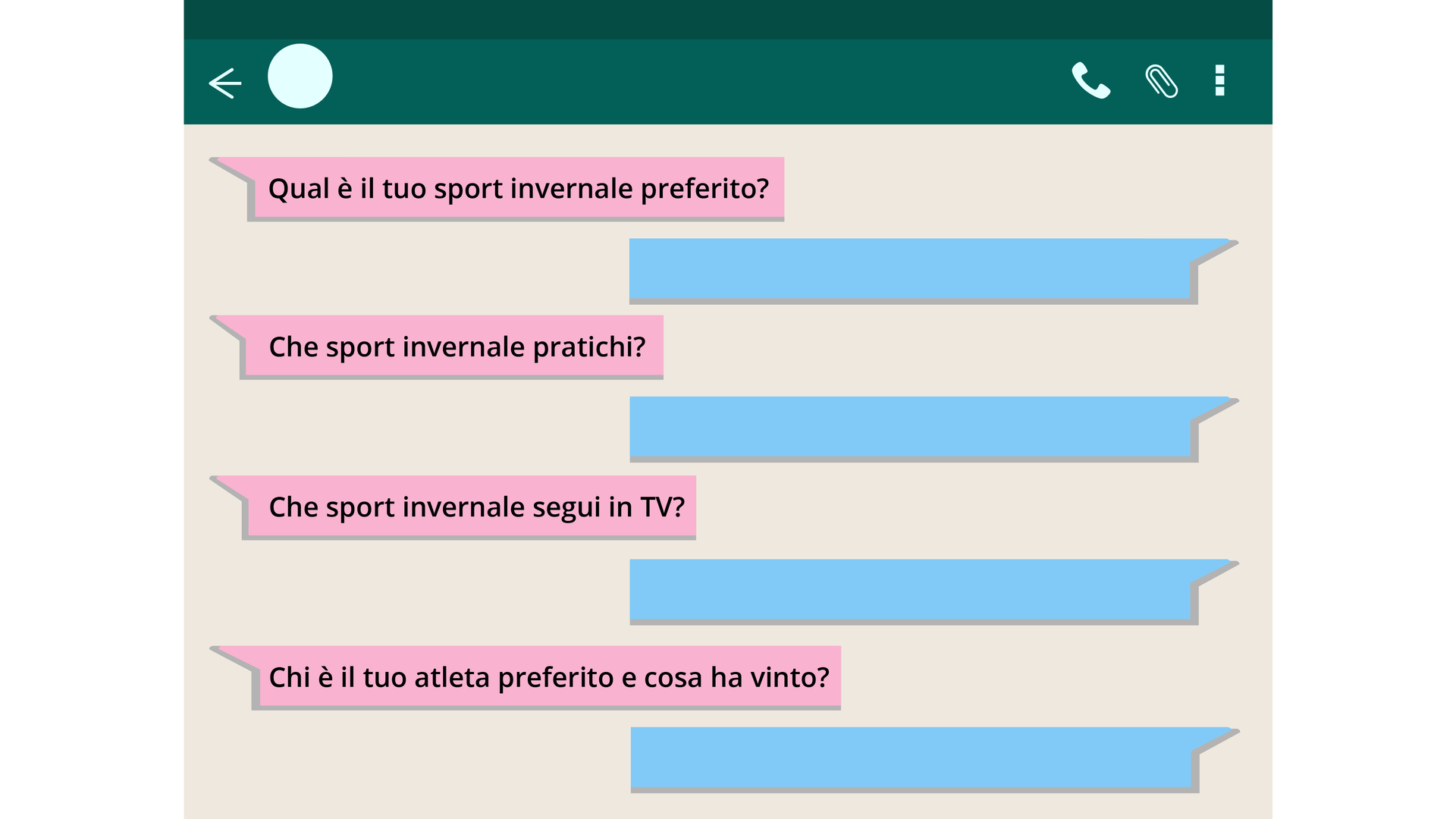 Grafika przedstawia czat. Po lewej stronie znajdują się cztery dymki z pytaniami. Po prawej znajdują się puste dymki na odpowiedzi na pytania. Pytanie w dymkach: Qual è il tuo sport invernale preferito?Che sport invernale pratichi?Che sport invernale segui in TV?Chi è il tuo atleta preferito e cosa ha vinto?