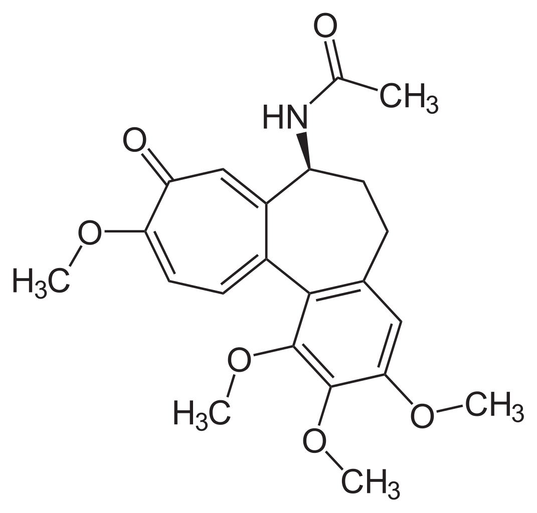 Grafika przedstawia wzór strukturalny kolchicyny o wzorze sumarycznym C indeks dolny 22 H indeks dolny 25 N O indeks dolny 6.