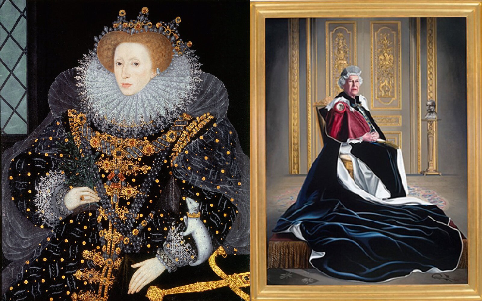 Ilustracja przedstawia dwa obrazy prezentujące dwie królowe angielskie: Elżbietę l i Elżbietę II. Po lewej stronie widoczna jest królowa Elżbieta I. Widoczna jest kobieta w średnim wieku, zwrócona w lewo, z bardzo pociągłą twarzą, o białej cerze, z rudymi, upiętymi do góry włosami. Jest ubrana w czarną suknię zdobioną złotymi elementami dekoracyjnymi, która na piersi ma naszyte rzędy złotych zapięć. Suknia jest odcięta w pasie i mocno rozkloszowana. Spod sukni wystaje biała kryza udrapowana przy szyi oraz mankiety. Królowa ma na głowie koronę. Prawą rękę ma opartą na boku, zaś lewa spoczywa na oparciu, na którym leży złoty miecz. Na jej lewym przedramieniu widoczny jest gronostaj. Po prawej stronie widoczny jest obraz w złotej ramie, który przedstawia królową Elżbietę II siedzącą na tronie. Widoczna jest kobieta w starszym wieku, która ma krótkie, siwe włosy, koronę na głowie, jest ubrana w białą suknię, na którą ma narzucony bardzo długi, ciemnogranatowy płaszcz, podbity białą tkaniną, ułożony na podłodze. Kobieta siedzi zwrócona w prawo. Na prawym ramieniu widoczny jest przypięty order z bordową tkaniną. W tle widoczne są złocone drzwi i złocone odrzwia oraz popiersie stojące na złotym postumencie.