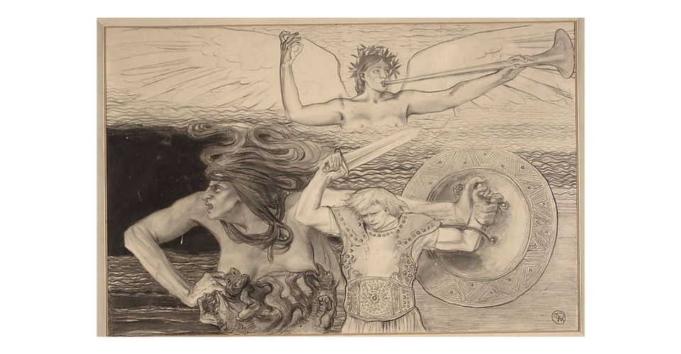 Czarno‑biała rycina przedstawia trzy postacie ukazane do pasa, wyglądają tak, jakby stały w wodzie, wśród fal. Na pierwszym planie, po prawej stronie znajduje się młodziutki mężczyzna w starożytnej zbroi. Trzyma w uniesionej prawej ręce miecz, a w lewej okrągłą tarczę. Po lewej stronie (a prawej mężczyzny) znajduje się dużych rozmiarów kobieta, która lewą ręką pomaga mężczyźnie trzymać tarczę. Ukazany jest jej lewy profil. Kobieta jest półnaga, u jej piersi wiją się gady, które piją mleko wyciekające z sutków. Kobieta ma długie, wężowe włosy. Węże wiją się w różne strony. Ma otwarte, krwiożercze usta, patrzy w swoją prawą stronę. Na drugim planie obrazu, w chmurach znajduje się postać kobiety o ogromnych, rozpostartych skrzydłach, grająca na trąbie. Kobieta ma obnażone piersi. Gładko zaczesane włosy okala wieniec z liści, w lewej dłoni trzyma trąbę. Prawą uniosła w górę. 