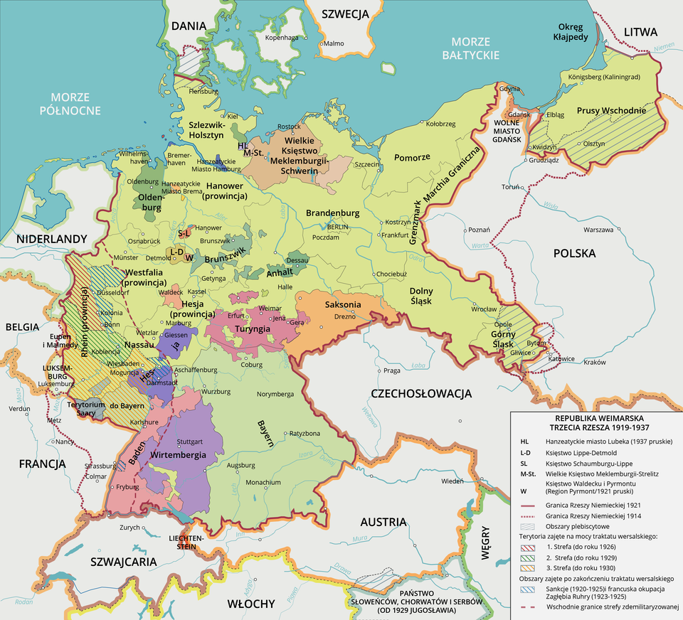 Mapa Europy. Przedstawia terytorium Republiki Weimarskiej i Trzeciej Rzeszy w latach 1919–1937. Zaznaczone jest terytorium, które znalazło się w granicach Polski po 1914. Jest to część Pomorza z Gdynią (ale bez Gdańska), Grudziądzem i Toruniem, część Wielkopolski z Poznaniem oraz mała część Śląska z Katowicami.  