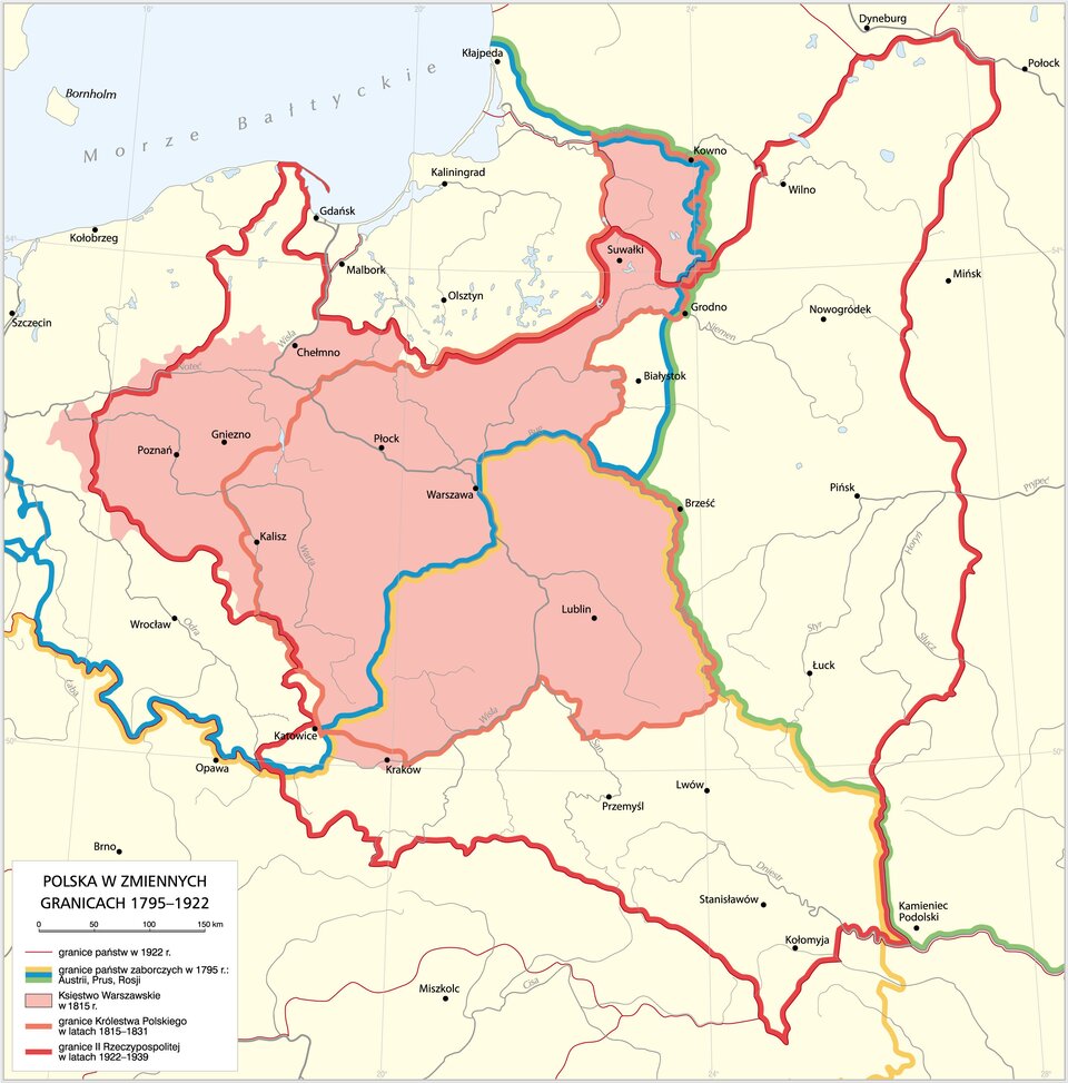Mapa ukazująca zmiany granic w latach 1795‑1922. Na mapie zaznaczono też granicę II Rzeczypospolitej w latach 1922 - 1939. Obejmowała ona od północy fragment Pomorza, w części centralnej Wielkopolskę, Mazowsze, Podlasie, na północy Małopolskę, ziemie lwowskie, stanisławowskie, tarnopolskie i od wschodu Wołyń, Polesie, Nowogrodczyznę i ziemię wileńską.  Zaznaczono również granice Królestwa Polskiego w latach 1815 - 1831. Obejmowały one znacznie mniejsze tereny, znajdujące się wewnątrz granic z lat 1922 - 1939. Zaznaczony jest także obszar Księstwa Warszawskiego w 1815 roku z Wielkopolską, Mazowszem, Małopolską, Podlasiem. Na terenach Księstwa Warszawskiego znajdowały się następujące miasta: Suwałki, Lublin, Warszawa, Płock, Kalisz, Gniezno, Chełmno, Poznań, Katowice i Kraków. 