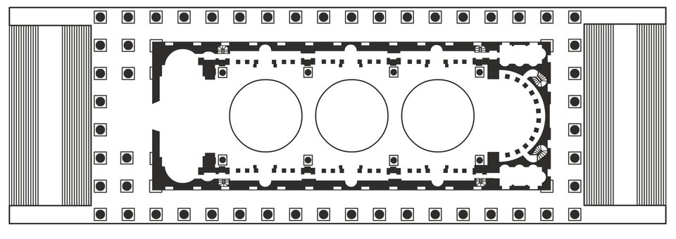 Ilustracja przedstawia plan kościoła św. Magdaleny zaprojektowany przez Pierre’a‑Alexandre’a Vignona. Kościół jest założony na podłużnym planie prostokąta. Zamknięty jest od strony wschodniej apsydą. Budowlę wieńczą trzy kopuły. Dokoła otacza ją kolumnada. 