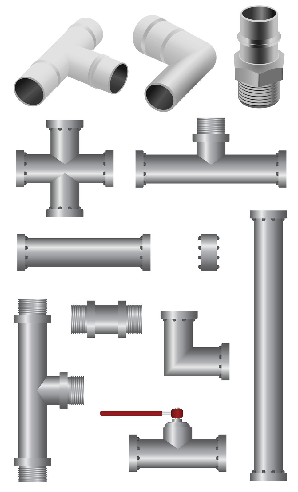 Grafika ilustruje złącza i rury stalowe. Wśród nich znajduje się trójnik, kolano, czwórnik, złączki, rury dłuższe i krótsze. Przedstawione elementy posiadają gwintowane zakończenia.