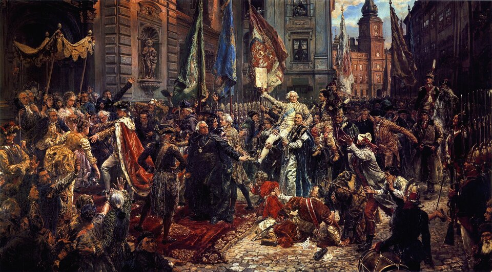 Ilustracja o kształcie poziomego prostokąta przedstawia dzieło Jana Matejki „Konstytucja 3 Maja 1791 roku”. Ukazuje scenę zbiorową z uczestnikami pochodu zmierzającego do Kolegiaty św. Jana, by zaprzysiąc tekst nowej konstytucji. Pośrodku stoi Hugo Kołłątaj. Po jego prawej stronie poseł na Sejm Wielki, Jan Suchorzewski leży na ziemi z wyciągniętą ręką na znak sprzeciwu wobec konstytucji. Otaczają ich inni uczestnicy, ubrani w odświętne i reprezentacyjne stroje. W tle widoczna jest zabudowa Warszawy z fragmentem Zamku Królewskiego. 