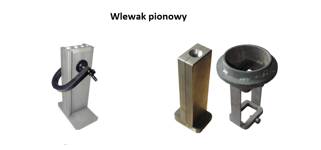 Na ilustracji przedstawiono trzy wlewaki pionowe, z różnymi naczyniami formowymi. Pierwszy wlewak od lewej strony posiada naczynie formowe w kształcie prostopadłościanu, na górnej podstawie znajdują się cztery otwory. Środkowy wlewak posiada naczynie w formie prostopadłościanu na górnej podstawie znajduje się jeden otwór. Trzeci wlewak posiada naczynie w kształcie półkuli.