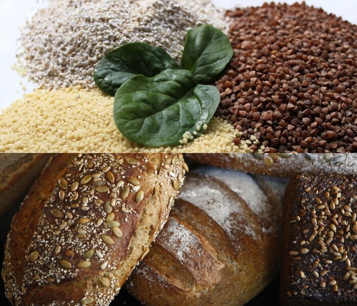 Zdjęcie przedstawia trzy rodzaje kaszy oraz bochenki chleba. Mają one różne kolory, od jasnego do ciemnego.