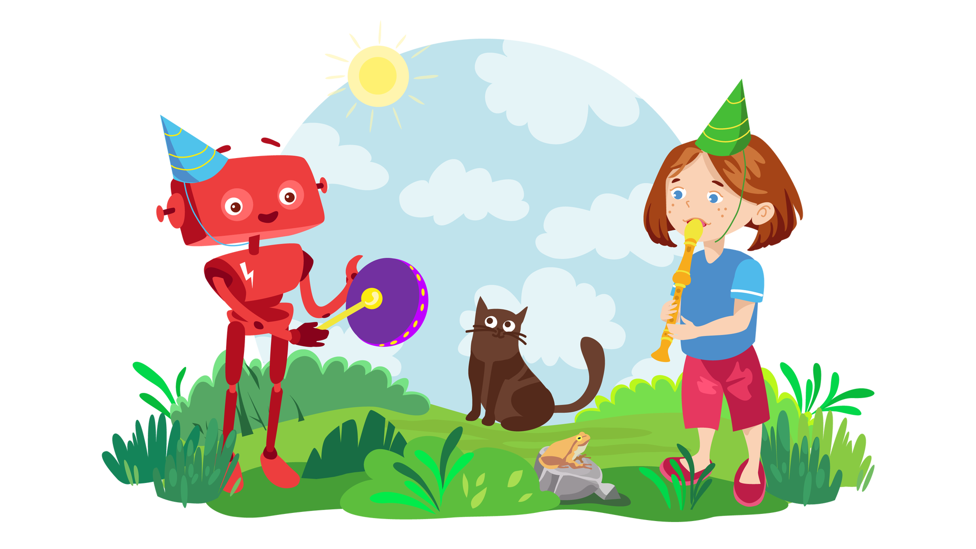 Ilustracja przedstawia zieloną polanę. W tle widać błękitne niebo ze słońcem i jasnymi chmurami. Na pierwszym planie leży szary kamień, na którym siedzi jasnobrązowa żaba. Za żabą, na trawie, siedzi ciemnobrązowy kot. Po lewej stronie ilustracji stoi uśmiechnięty Zgrzytek. Jest to czerwony robot o prostokątnej głowie z krótkimi antenkami zamiast uszu, dwiema rękami i dwiema nogami. Na przedniej części jego tułowia widnieje biały znaczek w postaci błyskawicy. Zgrzytek ma na głowie niebieską czapkę urodzinową. Gra żółtą pałeczką na fioletowym tamburynie. Jest to okrągły instrument z materiałową częścią, w którą się uderza, oraz okrągłymi, płaskimi metalowymi blaszkami dookoła. Po prawej stronie polany stoi Maja. Jest ubrana w niebieską koszulkę z krótkimi błękitnymi rękawami, krótkie ciemnoróżowe spodnie i ciemnoróżowe buty. Na głowie ma zieloną czapkę urodzinową. Gra na pomarańczowym flecie, który trzyma w rękach.