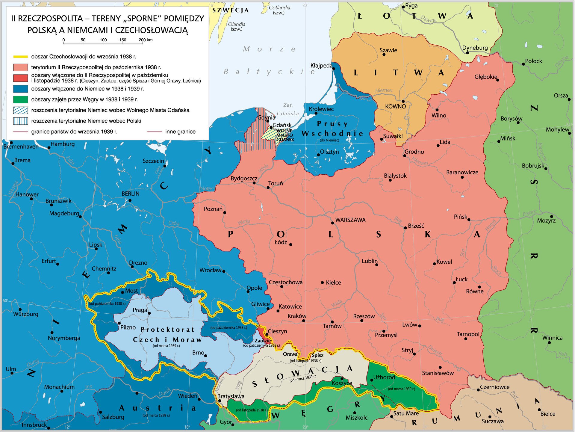 Grafika mapy przedstawiająca sporne tereny Polski, Niemiec i Czechosłowacji