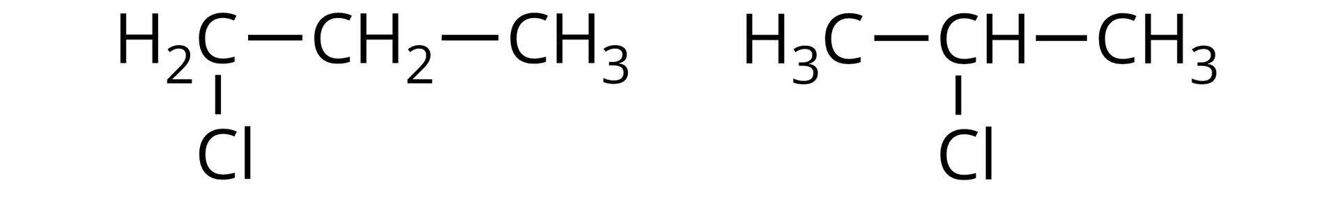 Ilustracja przedstawiająca dwa izomery chloropropanu. Pierwsza struktura zbudowana jest z grupy CH2 połączonej z atomem chloru Cl oraz kolejną grupą CH2 związaną z grupą metylową CH3. Druga cząsteczka składa się z grupy CH połączonej z atomem chloru Cl oraz z dwiema grupami metylowymi CH3.