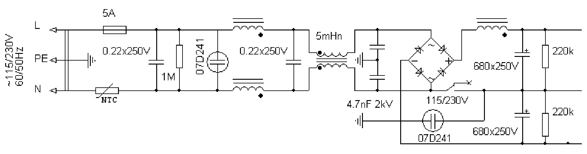 Przykład schematu zasilacza. Na schemacie zaznaczono liczne elementy tworzące zasilacz: oporniki, kondensatory, diody. Elementy połączone są ze sobą węzłami - miejscami przecięcia linii na schemacie. Schemat jest czarno‑biały, czytelny i zapewnia ujednolicone oznaczenia dla konkretnych komponentów.