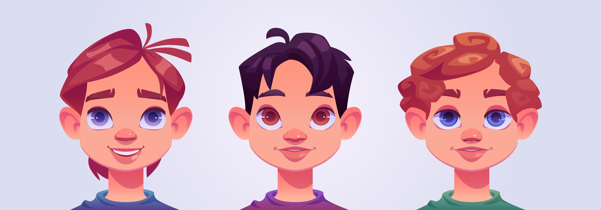 Grafika przedstawia trzy chłopięce twarze. Pierwsza to niebieskooki chłopiec z przedziałkiem, druga to ciemnooki chłopiec o czarnych włosach, trzecia to niebieskooki chłopiec o kręconych, brązowych włosach.