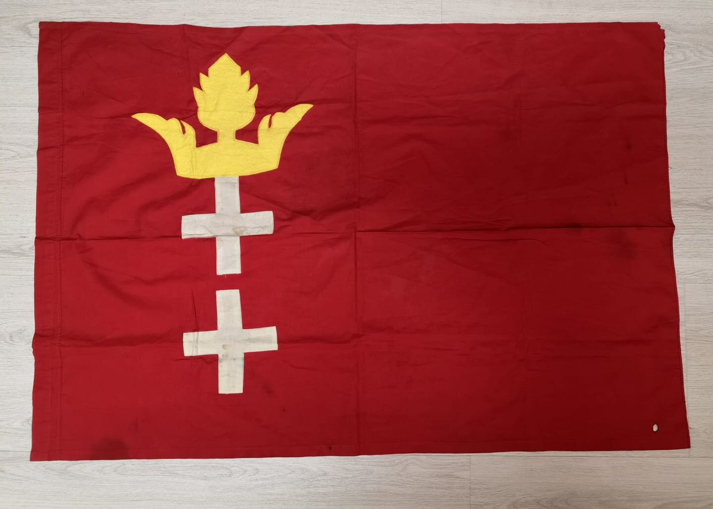 Na zdjęciu znajduje się flaga Wolnego Miasta Gdańsk. Jest ona czerwona, a po jej lewej stronie znajdują się dwa białe krzyże jeden nad drugim, a nad nimi złota korona.