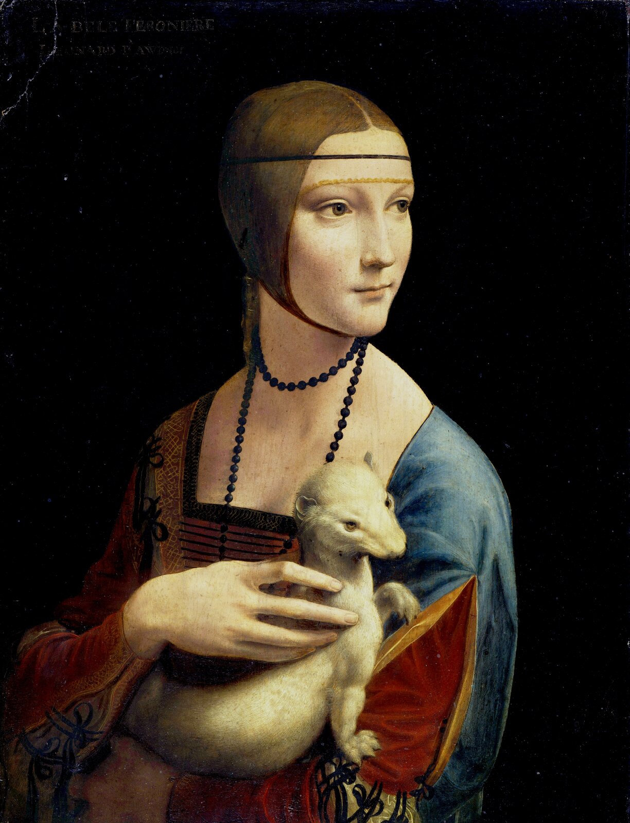 Ilustracja przedstawia obraz Leonardo da Vinci pt. „Dama z gronostajem”. Na obrazie znajduje się kobieta ze zwierzęciem na rękach. Kobieta ma zawieszona na szyji korale. Ubrana jest w kolorową suknię.
