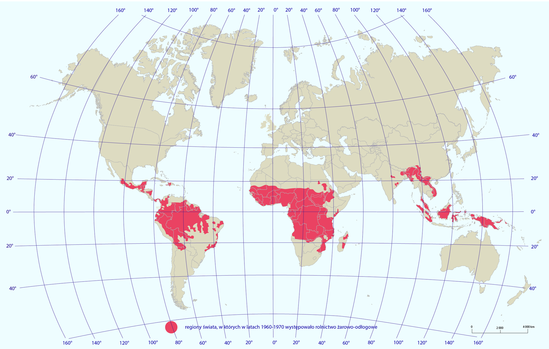 Mapa świata przedstawiająca obszar występowania rolnictwa żarowo‑odłogowego w latach 1960–1970. Obszary, na których dominował ten rodzaj rolnictwa oznaczono kolorem czerwonym, pozostałe obszary kolorem szarym. Uprawy tego rodzaju koncentrują się głównie w rejonie równika. Ten typ rolnictwa występuje głównie w centralnej Afryce i na terenie Afryki Subsaharyjskiej, jak również na Madagaskarze, w Ameryce Środkowej, na Nizinie Amazonki, Indonezji i w rejonie Azji południowo‑wschodniej.