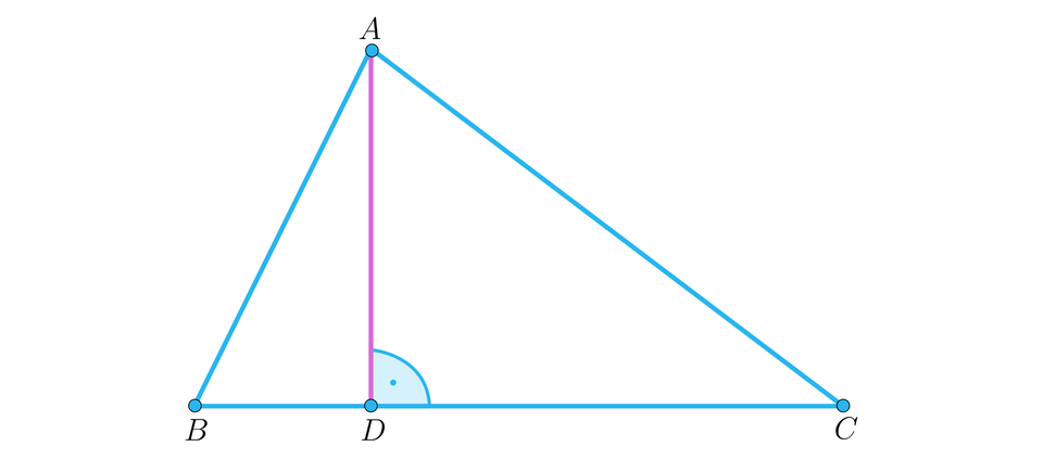 Na ilustracji przedstawiono trójkąt ostrokątny A B C. Z wierzchołka A opuszczono wysokość trójkąta do podstawy B C, której spodek leży w punkcie D.