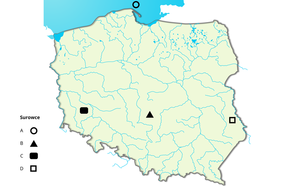Na mapie Polski zaznaczono cztery punkty: A. kółkiem zaznaczono miejsce powyżej Przylądka Rozewie; B. czarnym trójkątem zaznaczono miejsce leżące na południe od Łodzi, w pobliżu Radomska; C. czarnym prostokątem zaznaczono miejsce w pobliżu Głogowa w województwie dolnośląskim; D. kwadratem zaznaczono miejsce na wschodzie Polski, w rejonie Chełma.   