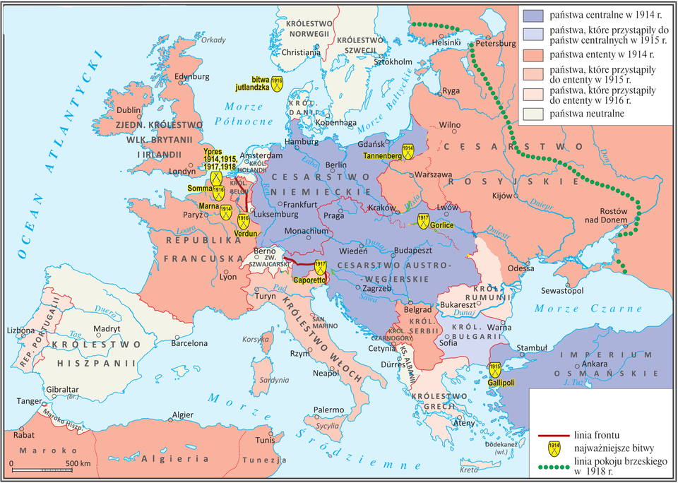 Mapa przedstawia przebieg frontów w czasie I wojny światowej. Państwa centralne w 1914 roku: cesarstwo Niemieckie dzisiejsze Niemcy, Austria, zachodnia Polska, Czechy, Węgry, Słowacja, Słowenia, Czarnogóra, Serbia. Państwa, które przystąpiły do państw centralnych w 1915 roku: Bułgaria. Państwa ententy w 1914 roku: Rosja, Litwa, Łotwa, Estonia, Serbia, Tunezja, Maroko, Francja, Wielka Brytania. Państwa, które przystąpiły do ententy w 1914 roku: Francja, ZSRS, południowo- wschodnia Polska, Serbia, Wielka Brytania, Algieria, Maroko, Tunezja. Państwa, które przystąpiły do ententy w 1915 roku:  Włochy. Państwa, które przystąpiły do ententy w 1916 roku: Rumunia, Gracja, Portugalia. Państwa neutralne: Albania, Szwajcaria, Holandia, Dania, Szwecja, Norwegia. Najważniejsze bitwy: Gallioli 1915, CPORETTO 1917, Gorlice 1917, Tannenberg 1914, Verdun 1916, Marna 1914, Somma 1916, Ypres 1914, 1915, 1917, 1918. Bitwa jutlandzka 1916. 