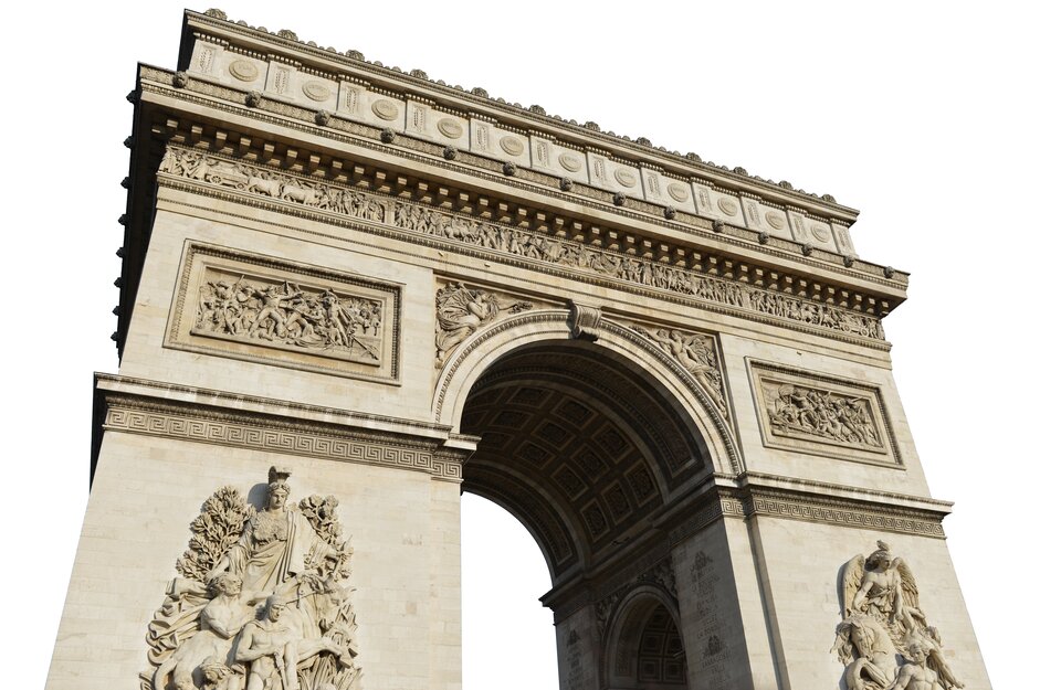 Obiekt przedstawiono na zdjęciu z perspektywy widza znajdującego się u jego podnóża, pod kątem. Widoczna attyka obiektu z reliefami, przedstawiająca sceny rodzajowe. Poniżej łuk pełny obiektu i dwa filary wspierające konstrukcję, na których umieszczono dwa reliefy, a poniżej figury. Przedstawiają sceny rodzajowe. Obiekt koloru piaskowego. 