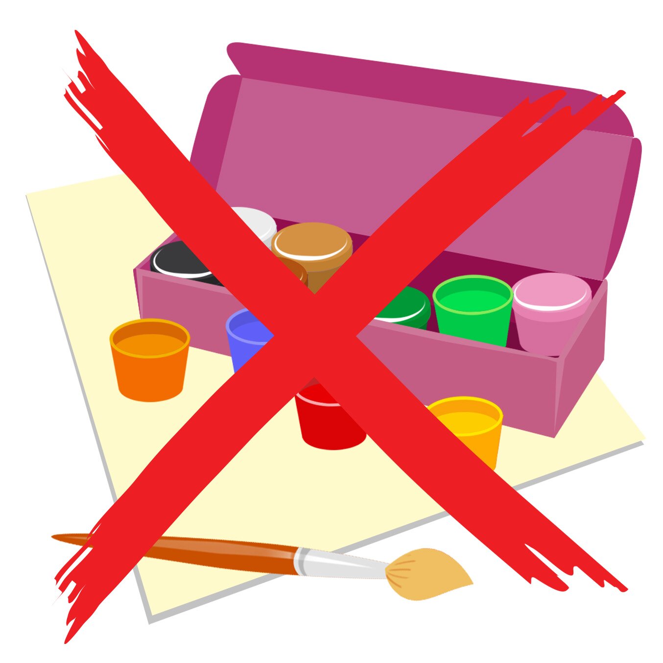 Ilustracja przedstawia zestaw farb w pudełku z pędzelkiem. Pudełko jest przekreślone.
