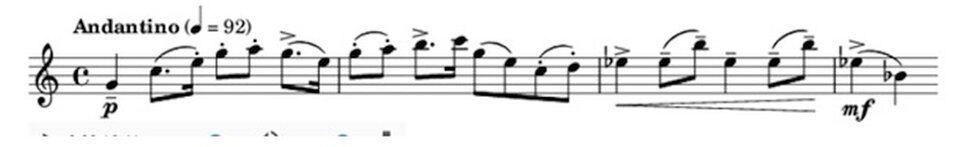 Ilustracja przedstawia zapis nutowy na pięciolinii utworu Siergieja Prokofiewa, „Piotruś i wilk”, temat Piotrusia – skrzypce solo.