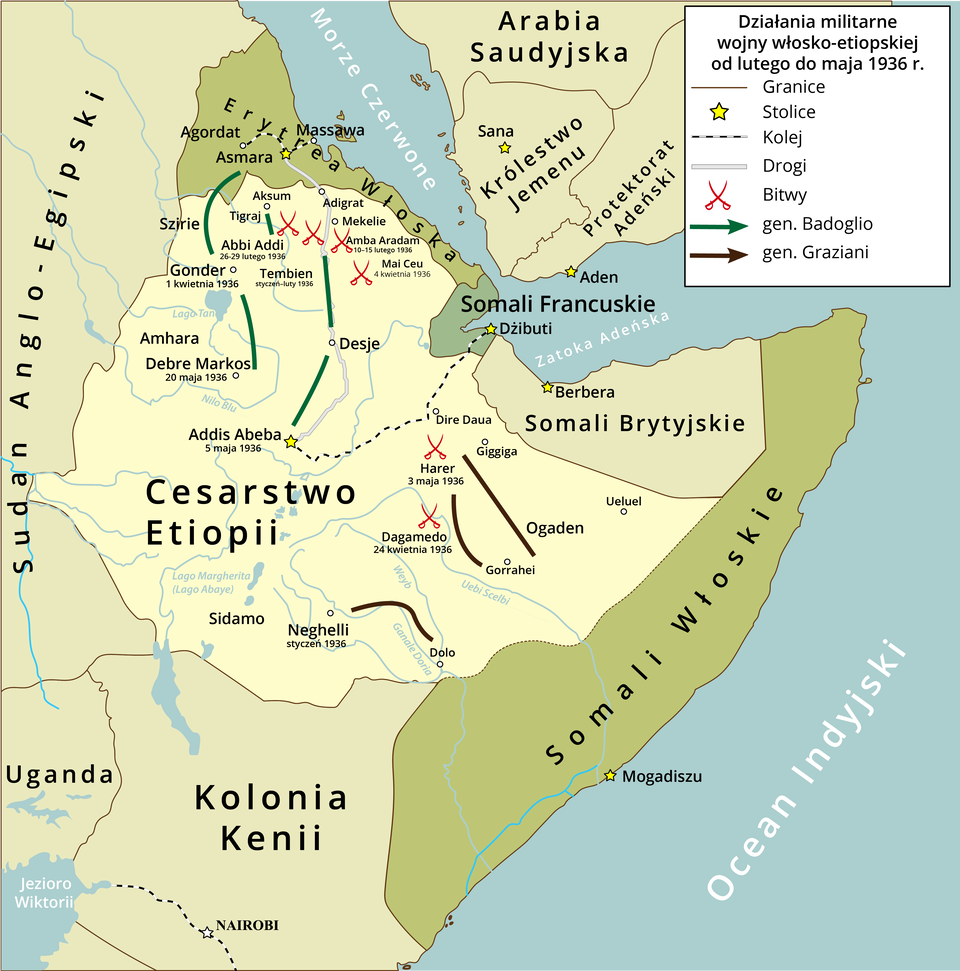 Mapa przedstawia działania militarne wojny włosko‑etiopskiej od lutego do maja 1936 roku. Na mapie zaznaczono Cesarstwo Etiopii (stolica Addis Abeba), które graniczy od wschodu z Sudanem Anglo‑Egipskim, na południu z Ugandą i kolonią Kenii ze stolicą w Nairobi, na południowym wschodzie z Somalią Włoską ze stolicą w Mogadiszu. Na północy z Somalią Brytyjską ze stolicą w Berberze, Somalią Francuską ze stolicą w Dżibuti i Erytreą Włoską ze stolicą w Asmarze. Po drugiej stronie Morza Czerwonego zaś znajduje się Arabia Saudyjska, Królestwo Jemenu ze stolicą w Sana i Protektoratem Adeńskim ze stolicą w Aden. Jedna trasa kolei prowadzi od miasta Asmara do miasta Massawa w Erytrei Włoskiej. Druga, dużo dłuższa, od miasta Addis Abeba w Cesarstwie Etiopii na północ, do miasta Dżibuti stolicy Somalii Francuskiej, mieszczącego się na wybrzeżu Morza Czerwonego w Zatoce Adeńskiej. Na mapie zaznaczono także drogę, która prowadzi ze stolicy Erytrei Włoskiej - Asmary na południe do miasta Addis Abeba w Cesarstwie Etiopii. Pas przygraniczny z Erytreą Włoską na terenie Cesarstwa Etiopii stanowił obszar działań wojennych generała Badoglio (pas pomiędzy miastami Debre Markos, Gonder i Asmara) oraz Addis Abeba przez Desje w okolicę granicy z Erytreą. Na mapie zaznaczono miejsce bitew pod Abbi Addi (26‑29 lutego 1936), Gonder (1 kwietnia 1936), Tembien (styczeń‑luty 1936), Amba Aradam (10‑15 lutego 1936), Mai Ceu (4 kwietnia 1936), Debre Markos (20 maja 1936). Ruchy wojsk generała Graziani prowadziły od granicy z Somalią Włoską z okolic miasta Dolo do Miasta Neghellia (bitwa w styczniu 1936), od miasta Gorrahei do miasta Dagamedo (bitwa 24 kwietnia 1936), od miasta Ogaden do miasta Giggiga i Harer (bitwa 3 maja 1936). 