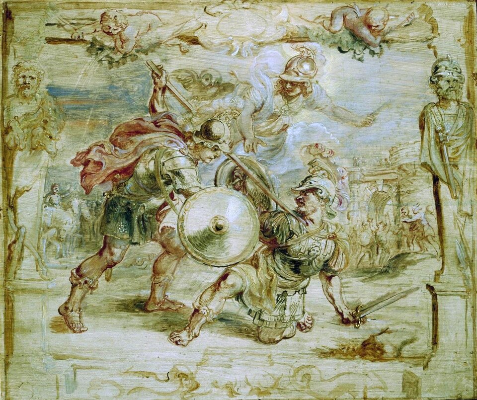 W centrum obrazu znajdują się dwie męskie postaci. Obydwaj ubrani są w zbroje i hełmy. Mężczyzna stojący z lewej strony przeszywa włócznią szyję podpierającego się o podłoże drugiego żołnierza. W prawej ręce trzyma okrągłą tarczę. Mężczyzna, który upadł, trzyma w lewej ręce miecz, w prawej tarczę, którą próbuje osłonić się od przeciwnika. Nad nimi, na nieboskłonie, znajduje się postać kobieca w hełmie i rozwianych szatach. Wyciąga ręce w kierunku walczących. Na samej górze obrazu, nad boginią, znajdują się dwie postaci małych gołych amorków, leżących na chmurach. Po obu stronach obrazu namalowano dwa męskie posągi. Całość ukazana jest w zielonkawym odcieniu. 