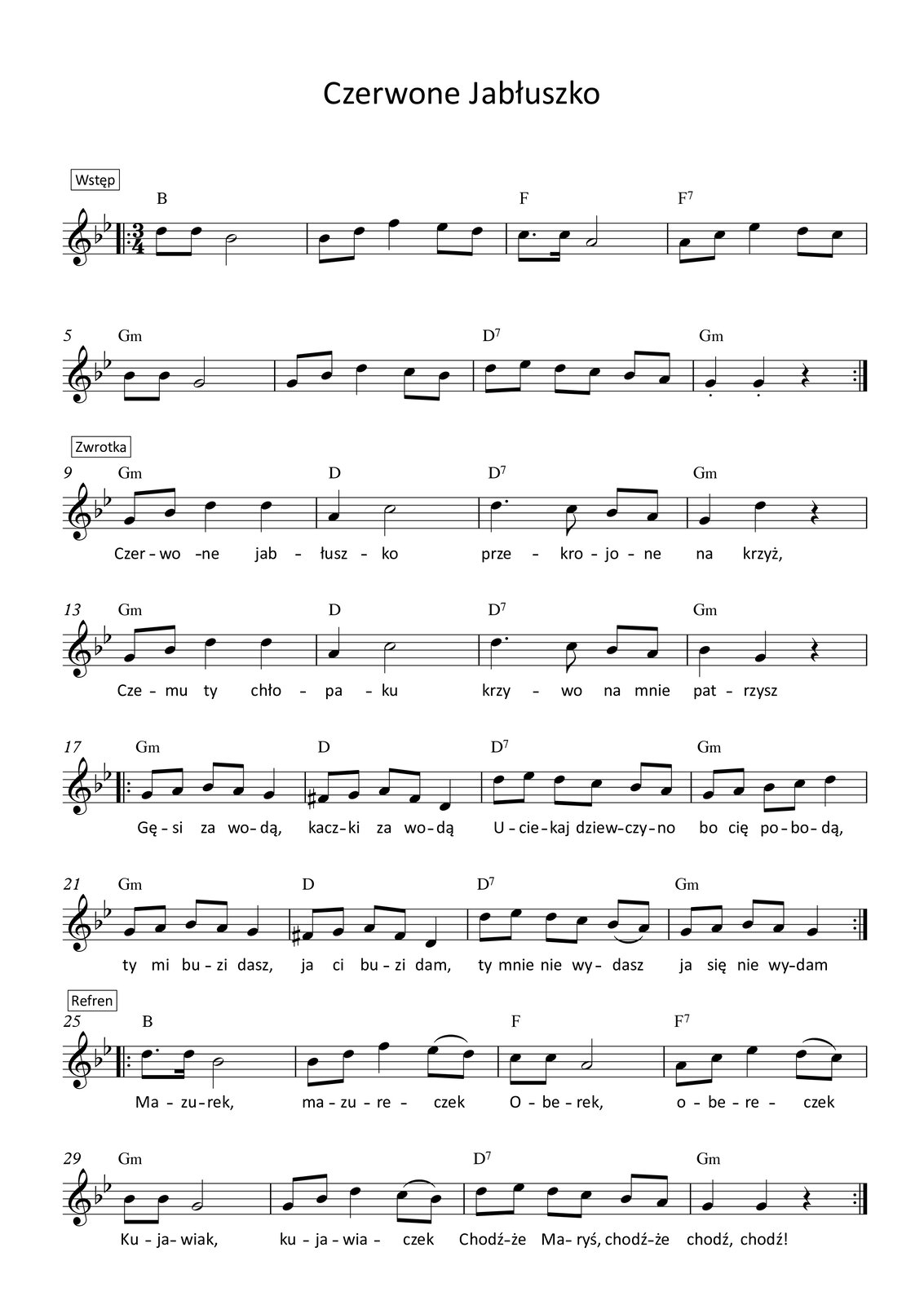 Grafika przedstawia partyturę utworu „Czerwone Jabłuszko”, który jest napisany w metrum trzy czwarte, w tonacji g‑moll. Partytura ma dwie strony, na których zapisano siedemdziesiąt dwa takty. Melodię zapisano w kluczu wiolinowym, a pod nutami zanotowano tekst. Wszystkie dźwięki należą do oktawy razkreślnej oraz dwukreślnej. To jest opis pierwszej strony partytury.
W pierwszych dwóch linijkach, czyli taktach od pierwszego do ósmego zapisano instrumentalny wstęp utworu. W pierwszym takcie na pierwszą miarę grane są dwie ósemki d, natomiast na miary drugą oraz trzecią półnuta b. Nad taktem zapisano akord B‑dur, a przed taktem początek repetycji. W takcie drugim na pierwszą miarę grane są ósemki b oraz d, na miarę drugą ćwierćnuta f, natomiast na miarę trzecią ósemki es oraz d. Nad taktem zapisano akord B‑dur. W takcie trzecim na pierwszą miarę grana jest ósemka z kropką c, a następnie szesnastka c. Na miary drugą oraz trzecią wykonywana jest półnuta a. Nad taktem zapisano akord F‑dur. W takcie czwartym na pierwszą miarę grane są ósemki a oraz c, na miarę drugą ćwierćnuta es, natomiast na miarę trzecią ósemki d oraz c. Nad taktem zapisano akord: dominantę septymową F.
W takcie piątym na pierwszą miarę grane są dwie ósemki b, a na miary drugą oraz trzecią półnuta g. Nad taktem zapisano akord g‑moll. W szóstym takcie na pierwszą miarę grane są ósemki g oraz b, na miarę drugą ćwierćnuta d, natomiast na miarę trzecią ósemki c oraz b. Nad taktem zapisano akord g‑moll. W takcie siódmym na pierwszą miarę grane są ósemki d oraz es, na miarę drugą ósemki d oraz c, natomiast na miarę trzecią ósemki b oraz a. Nad taktem zapisano akord: dominantę septymową D. W ósmym takcie na pierwsze dwie miary grane są ćwierćnuty g z artykulacją staccato, a na miarę trzecią zapisano pauzę ćwierćnutową. Nad taktem zapisano akord g‑moll, a po takcie koniec repetycji.
W taktach od dziewiątego do dwudziestego czwartego zapisano zwrotkę utworu. W dziewiątym takcie na pierwszą miarę śpiewane są ósemki g oraz b, na miary drugą oraz trzecią wykonywane są dwie ćwierćnuty d. Nad taktem zapisano akord g‑moll. W takcie dziesiątym na pierwszą miarę śpiewana jest ćwierćnuta a, a na miary drugą oraz trzecią półnuta c. Nad taktem zapisano akord D‑dur. W jedenastym takcie na pierwszą miarę śpiewana jest ćwierćnuta z kropką d, dalej ósemka c, a na miarę trzecią ósemki b oraz a. Nad taktem zapisano akord: dominantę septymową D. W dwunastym takcie na pierwszą miarę śpiewana jest ćwierćnuta g, na miarę drugą ćwierćnuta d, natomiast na trzecią miarę zapisano pauzę ćwierćnutową. Nad taktem zapisano akord g‑moll.
W trzynastym takcie na pierwszą miarę śpiewane są ósemki g oraz b, na miary drugą oraz trzecią wykonywane są dwie ćwierćnuty d. Nad taktem zapisano akord g‑moll. W takcie czternastym na pierwszą miarę śpiewana jest ćwierćnuta a, a na miary drugą oraz trzecią półnuta c. Nad taktem zapisano akord D‑dur. W piętnastym takcie na pierwszą miarę śpiewana jest ćwierćnuta z kropką d, dalej ósemka c, a na miarę trzecią ósemki b oraz a. Nad taktem zapisano akord: dominantę septymową D. W szesnastym takcie na pierwszą miarę śpiewana jest ćwierćnuta b, na miarę drugą ćwierćnuta g, natomiast na trzecią miarę zapisano pauzę ćwierćnutową. Nad taktem zapisano akord g‑moll.
W siedemnastym takcie na pierwszą miarę śpiewane są ósemki g oraz a, na miarę drugą ósemki b oraz a, a na miarę trzecią ćwierćnuta g. Nad taktem zapisano akord g‑moll, a przed taktem początek repetycji. W osiemnastym takcie na pierwszą miarę śpiewane są ósemki fis oraz g, na miarę drugą ósemki a oraz fis, a na miarę trzecią ćwierćnuta d. Nad taktem zapisano akord D‑dur. W dziewiętnastym takcie na pierwszą miarę śpiewane są ósemki d oraz es, na miarę drugą ósemki d oraz c, a na trzecią miarę ósemki b oraz a. Nad taktem zapisano akord: dominantę septymową D. W dwudziestym takcie na pierwszą miarę śpiewane są ósemki g oraz a, na miarę drugą ósemki b oraz c, natomiast na miarę trzecią ćwierćnuta d. Nad taktem zapisano akord g‑moll.
W dwudziestym pierwszym takcie na pierwszą miarę śpiewane są ósemki g oraz a, na miarę drugą ósemki b oraz a, a na miarę trzecią ćwierćnuta g. Nad taktem zapisano akord g‑moll. W dwudziestym drugim takcie na pierwszą miarę śpiewane są ósemki fis oraz g, na miarę drugą ósemki a oraz fis, a na miarę trzecią ćwierćnuta d. Nad taktem zapisano akord D‑dur. W dwudziestym trzecim takcie na pierwszą miarę śpiewane są ósemki d oraz es, na miarę drugą ósemki d oraz c, a na trzecią miarę ósemki b oraz a, z czego dwie ostatnie z artykulacją legato. Nad taktem zapisano akord: dominantę septymową D. W dwudziestym czwartym takcie na pierwszą miarę śpiewane są ósemki g oraz a, na miarę drugą ósemki b oraz a, a na miarę trzecią ćwierćnuta g. Nad taktem zapisano akord g‑moll, a po takcie koniec repetycji.
W kolejnych dwóch linijkach, czyli taktach od dwudziestego piątego do trzydziestego drugiego zapisano refren utworu. W takcie dwudziestym piątym na pierwszą miarę śpiewana jest ósemka z kropką d oraz szesnastka d, natomiast na miary drugą oraz trzecią półnuta b. Nad taktem zapisano akord B‑dur, a przed taktem początek repetycji. W takcie dwudziestym szóstym na pierwszą miarę śpiewane są ósemki b oraz d, na miarę drugą ćwierćnuta f, natomiast na miarę trzecią ósemki es oraz d z artykulacją legato. Nad taktem zapisano akord B‑dur. W takcie dwudziestym siódmym na pierwszą miarę śpiewane są dwie ósemki c, natomiast na miary drugą oraz trzecią półnuta a. Nad taktem zapisano akord: dominantę septymową F. W takcie dwudziestym ósmym na pierwszą miarę śpiewane są ósemki a oraz c, na miarę drugą ćwierćnuta es, natomiast na miarę trzecią ósemki d oraz c z artykulacją staccato. Nad taktem zapisano akord: dominantę septymową F.
W takcie dwudziestym dziewiątym na pierwszą miarę śpiewane są dwie ósemki b, a na miary drugą oraz trzecią półnuta g. Nad taktem zapisano akord g‑moll. W trzydziestym takcie na pierwszą miarę śpiewane są ósemki g oraz b, na miarę drugą ćwierćnuta d, natomiast na miarę trzecią ósemki c oraz b z artykulacją legato. Nad taktem zapisano akord g‑moll. W takcie trzydziestym pierwszym na pierwszą miarę śpiewane są ósemki d oraz es, na miarę drugą ósemki d oraz c, natomiast na miarę trzecią ósemki b oraz a. Nad taktem zapisano akord: dominantę septymową D. W trzydziestym drugim takcie na pierwsze dwie miary śpiewane są dwie ćwierćnuty g, a na miarę trzecią zapisano pauzę ćwierćnutową. Nad taktem zapisano akord g‑moll, a po takcie koniec repetycji.