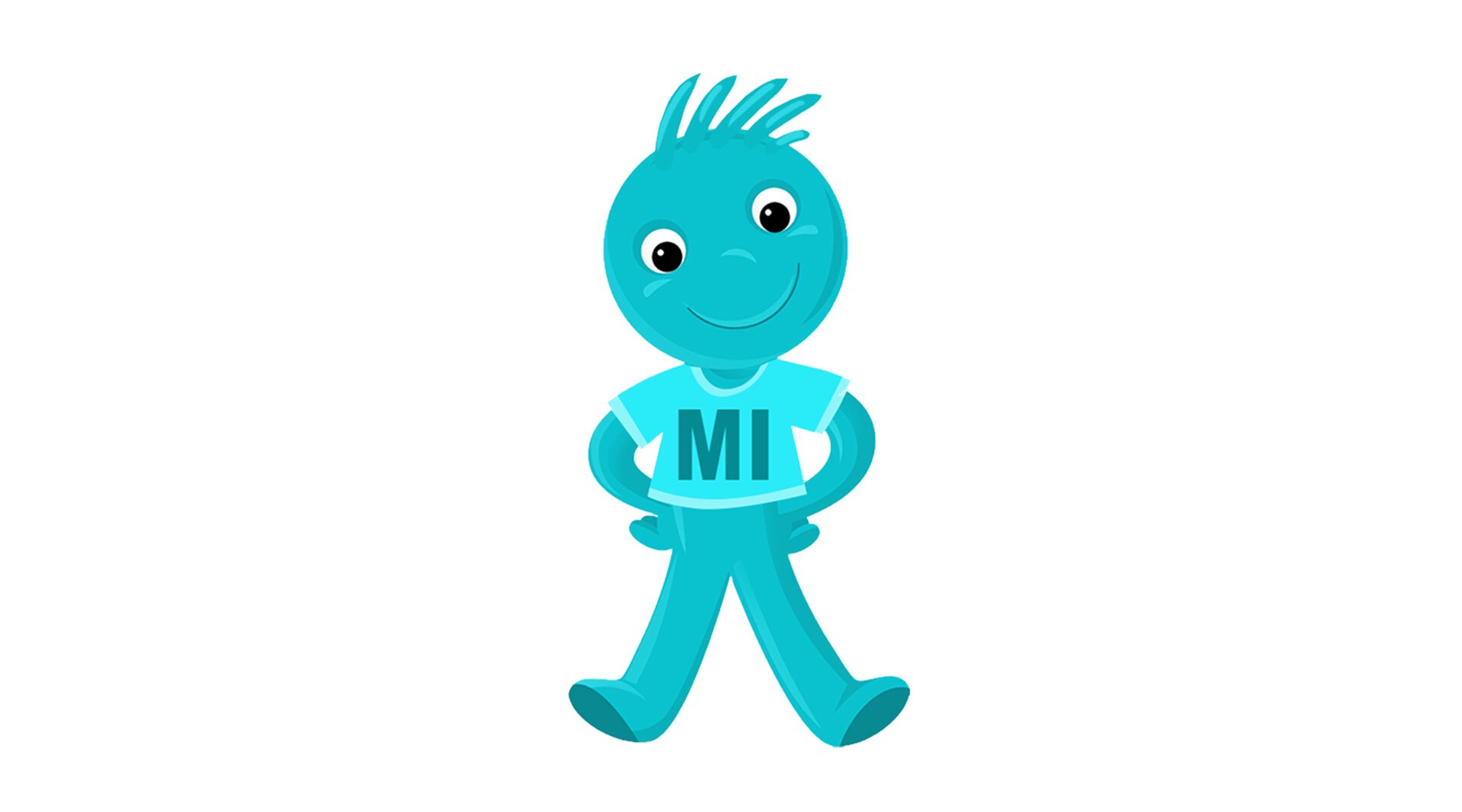 Na ilustracji znajduje się ludzik w koszulce z napisem MI.