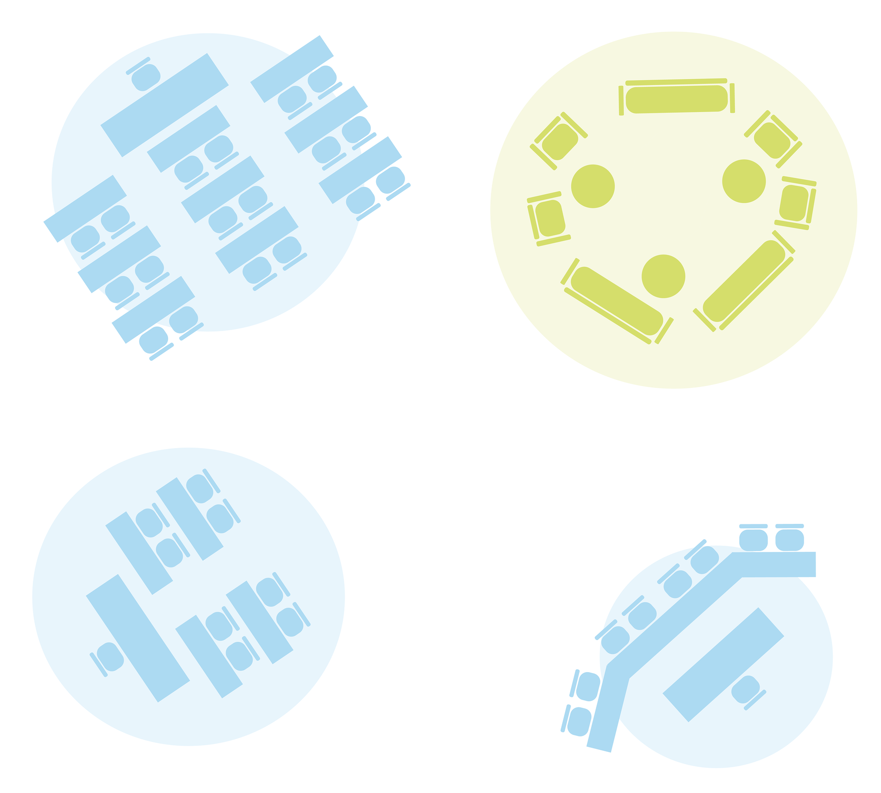 Grafika przedstawia sposoby ułożenia krzeseł, stolików i biurka w klasie. Na pierwszej grafice stoły i krzesła ułożone są w trzech rzędach po trzy, a biurko znajduje się w przedniej części, po środku, tak, że nauczyciel skierowany jest twarzą do uczniów. Na drugim planie stoły ustawione są po okręgu, tak, że uczniowie mogą nawzajem na siebie patrzeć. Na trzecim planie stoły ustawione są w dwa rzędy po dwa. Na czwartej grafice stoły złączone są ze sobą i tworzą literę U.