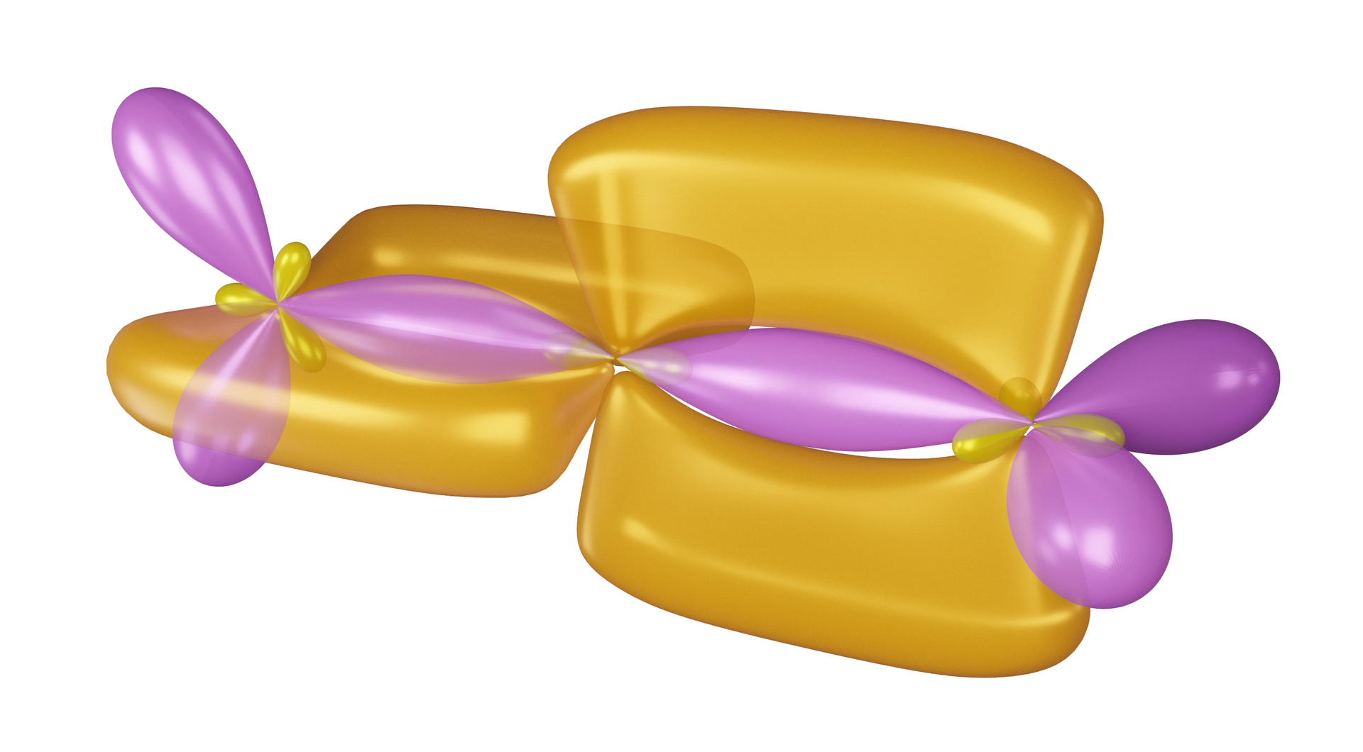 Ilustracja przedstawiająca, podobnie, jak poprzednia efekt hybrydyzacji atomów w cząsteczce propadienu. Atom węgla C 1 posiada trzy orbitale sp2, z który dwa nakładają się czołowo z orbitalami s dwóch atomów wodoru. Jeden nakłada się czołowo z orbitalem sp  węgla C dwa. Oprócz tego, węgiel C 1 posiada orbital p, który to bierze udział w tworzeniu wiązania pi z atomem węgla C 2 poprzez boczne nakładanie się orbitali p. Węgiel C 2 posiada drugi orbital sp, po przeciwległej stronie w stosunku do już wspomnianego, nakłada się on czołowo z orbitalem sp2 węgla C trzy. Ponadto węgiel C 2 posiada dwa orbitale p, z których pierwszy, jak wspomniano nakłada się bocznie z orbitalem p węgla C 1, zaś drugi z orbitalem p węgla C trzy. Pozostłe dwa orbitale sp2 atomu węgla C 3 nakładają się czołowo z orbitalami s dwóch atomów wodoru. Wszystkie orbitale sp2 węgla C 1, orbitale sp węgla C 2 i jeden orbital p, a także orbital p atomu węgla C 3 oraz sp2 , który nakłada się z sp węgla C 2 znajdują się w jednej płaszczyźnie. Prostopadle do płaszczyzny znajdują się orbital p węgla C 1 jeden z orbitali p węgla C 2 oraz orbitale sp2 łączące atom węgla C 3 z dwoma atomami wodoru.  Nałożone orbitale pomiędzy atomami węgla, które uczestniczą w tworzeniu wiązań sigma, mają kształt wrzecionowaty. Z kolei nałożone bocznie orbitale p mają kształt płaskiego prostopadłościanu z zaokrąglonymi kątami, zwężonym środkiem oraz z wyciętym środkiem w kształcie wrzecionowatym.