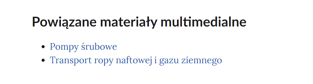 Na grafice przedstawiono przykładowy widok powiązanych materiałów multimedialnych. Pod nagłówkiem: "Powiązane materiały multimedialne" znajduje się lista nienumerowana. Każdy punkt listy zawiera tytuł multimedium pod którym znajduje się link do niego. Punkt pierwszy: Pompy śrubowe. Punkt drugi: Transport ropy naftowej i gazu ziemnego.
