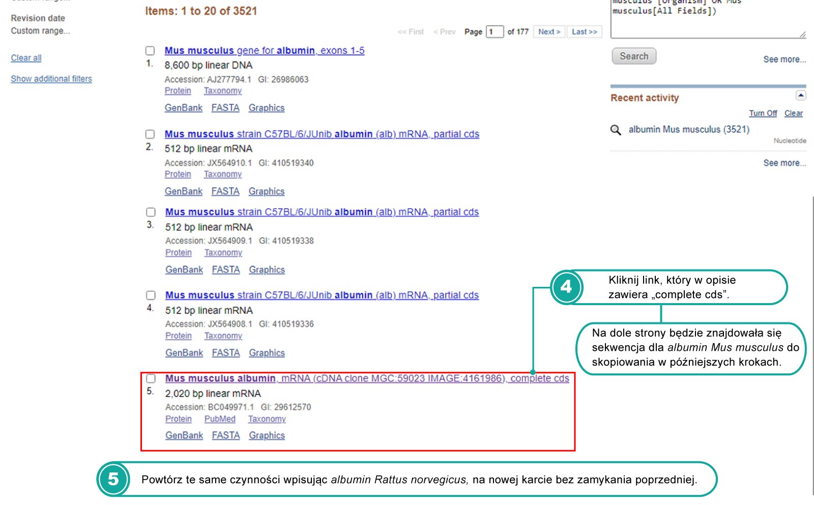 Ilustracja przedstawia kolejny zrzut ekranu. Czerwona ramka wskazuje właściwe pole do kliknięcia. Polecenie nr 5 opisuje podobny sposób postępowania dla albuminy szczura.