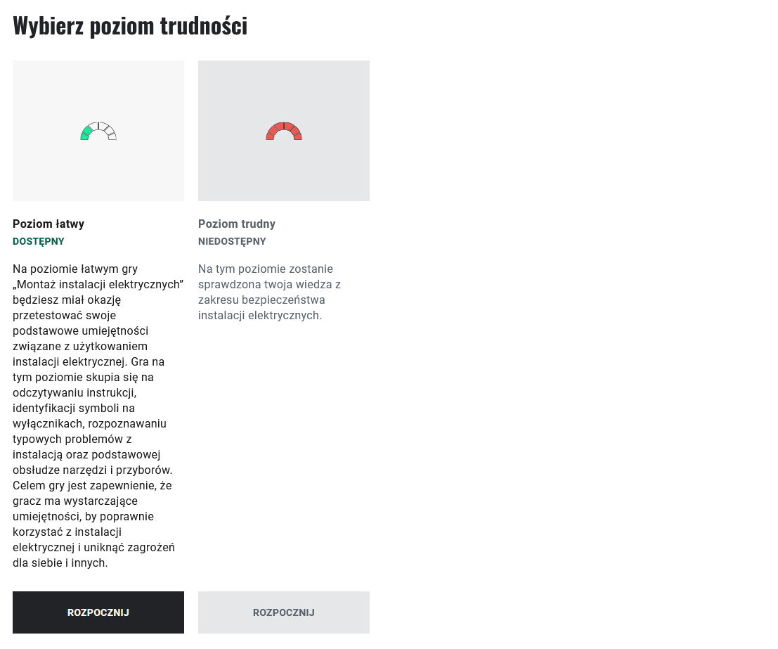 Ilustracja przedstawia okno wyboru poziomu gry. Obok siebie znajdują się opisane kwadraty z grafiką łuku wypełnionego kolorem zielonym lub czerwonym, w zależności od poziomu: łatwy średni trudny. Poniżej widoczny jest opis poziomów. Uczeń przechodzi do gry po kliknięciu przycisku "Rozpocznij".