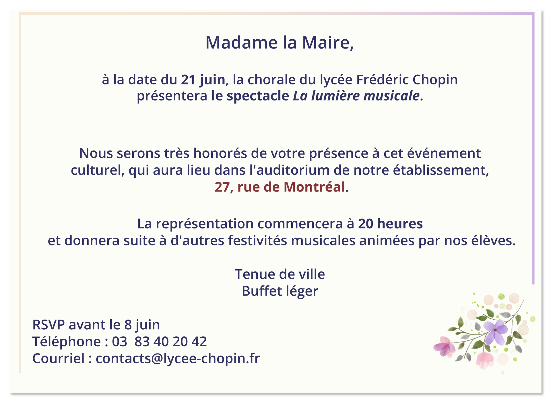 Ilustracja przedstawia karnet z zaproszeniem o treści w języku francuskim: 