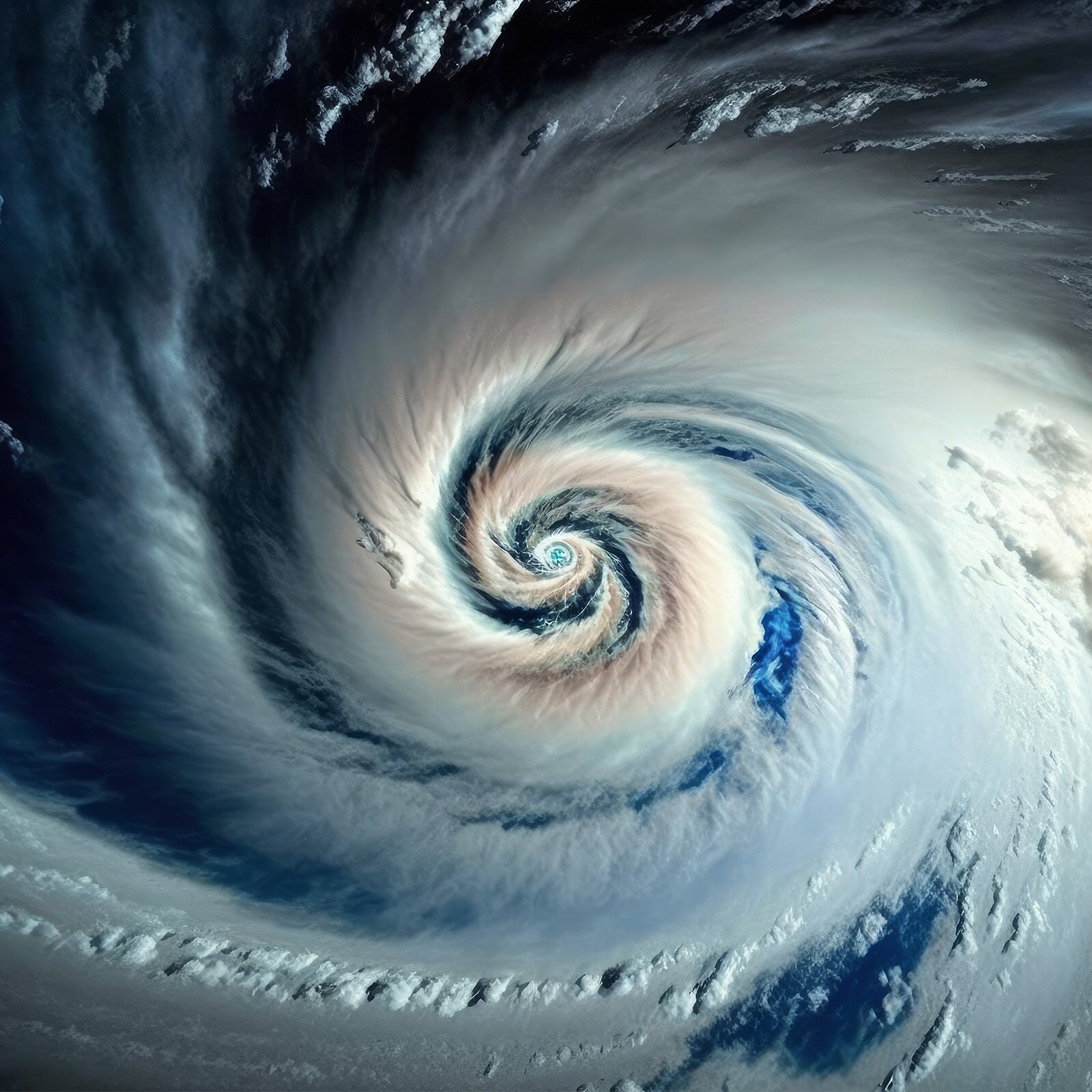 Zdjęcie przedstawia oko cyklonu na oceanie. Widoczny spieniony wir wody.