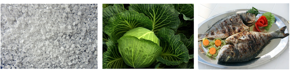 Trzy zdjęcia. Przedstawiają kolejno: gruboziarnistą sól, główkę kapusty, dwie usmażone ryby leżące na półmisku.  
