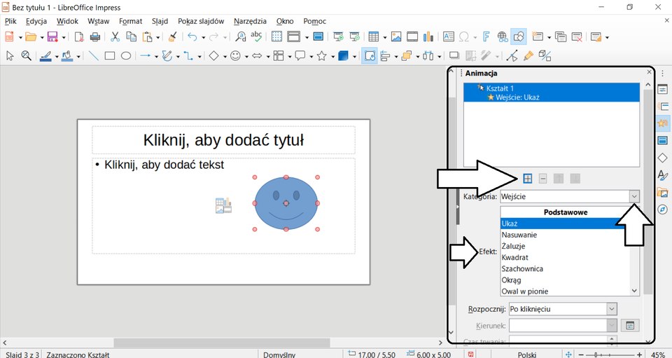 Ilustracja przedstawia otwarty program LibreOffice. W centralnej części ekranu w polu tekstowym znajduje się uśmiechnięta niebieska buźka. Po prawej stronie znajduje się okno zatytułowane Animacja, w którym białymi strzałkami zaznaczono Pierwszą ikonę w centralnej części, opcję otworzenia większej ilości możliwości w Kategoriach oraz opcję efekt. 