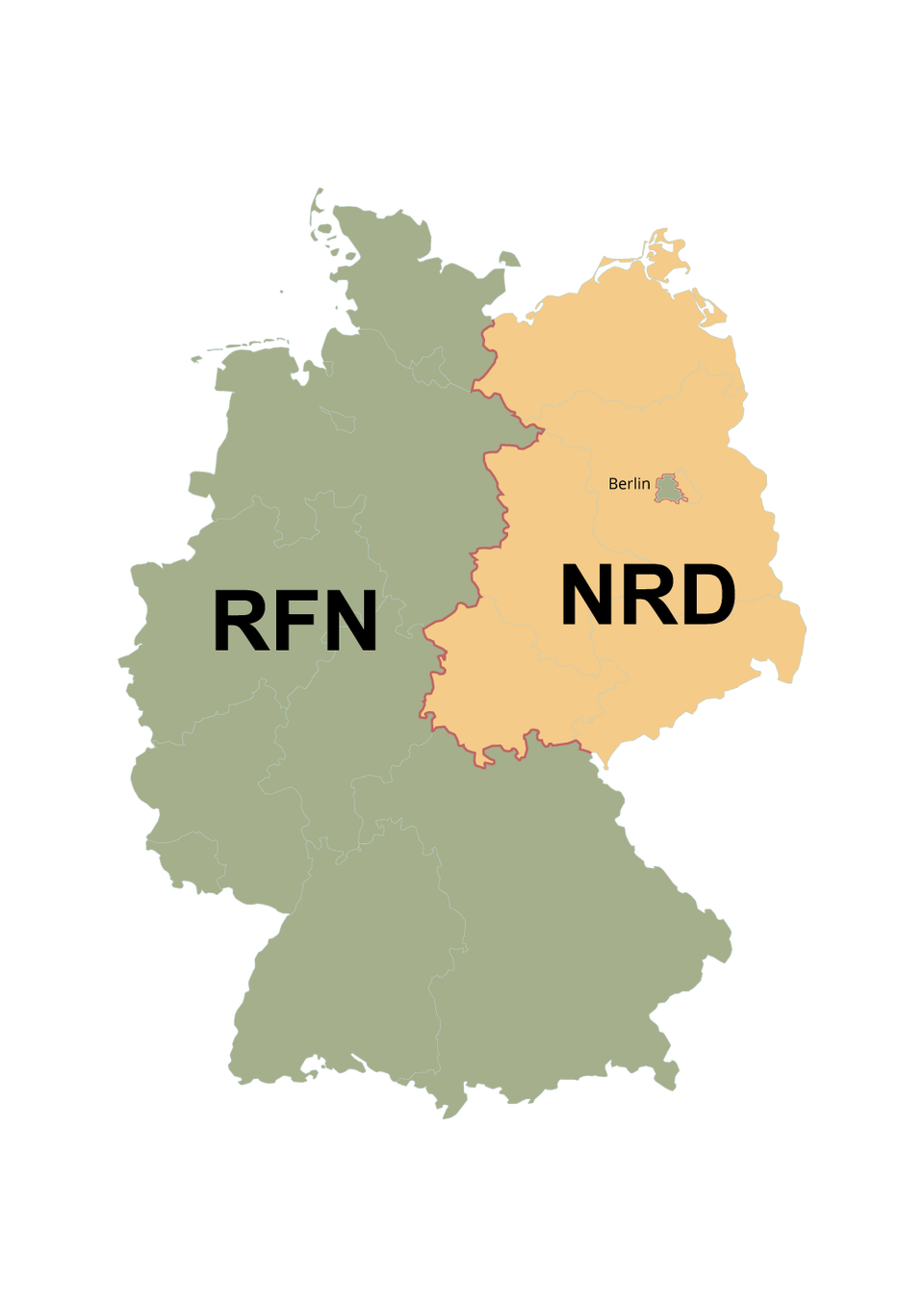 Ilustracja przedstawia mapę Niemiec podzieloną na dwa obszary: RFN po stronie zachodniej i NRD po stronie wschodniej. Drugi z tych obszarów jest zdecydowanie mniejszy.
