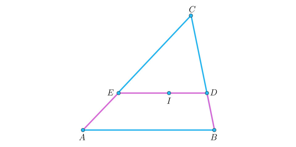 Ilustracja przedstawia trójkąt prostokątny A B C, na boku AC zaznaczono punkt D, na boku  BC zaznaczono punkt D. W trójkącie zaznaczono odcinek ED, na którym leży punkt I. Odcinki AE, ED oraz Db zaznaczono kolorem.