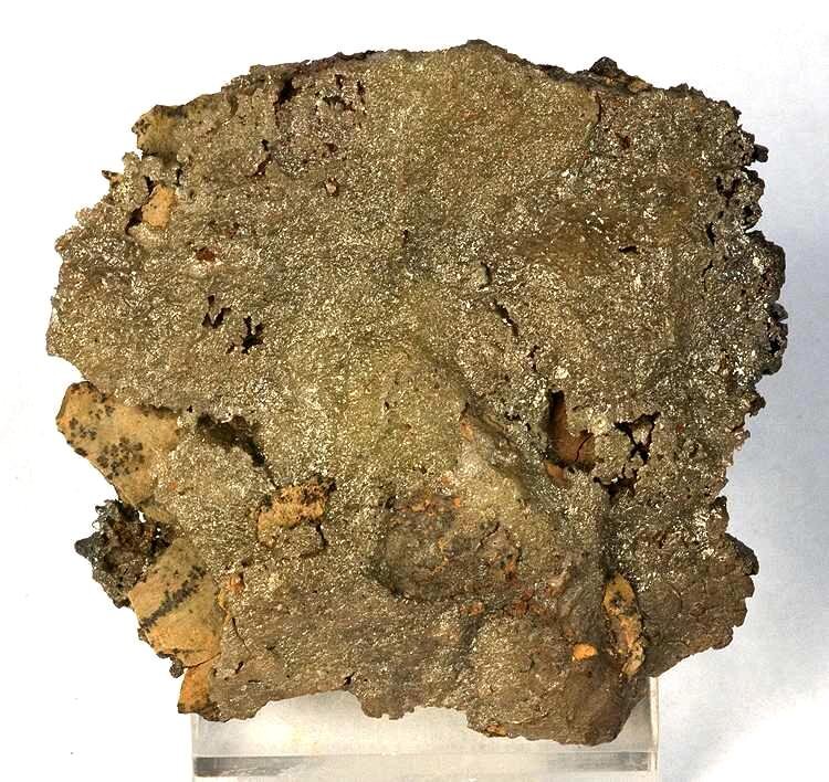 Zdjęcie przedstawiające chlorargiryt. Minerał ma drobnoziarnistą postać w kolorze beżowym, miejscami złotawym. Tutaj stanowi go kawałek o nieregularnym kształcie. Minerał tworzy chlorek srebra.