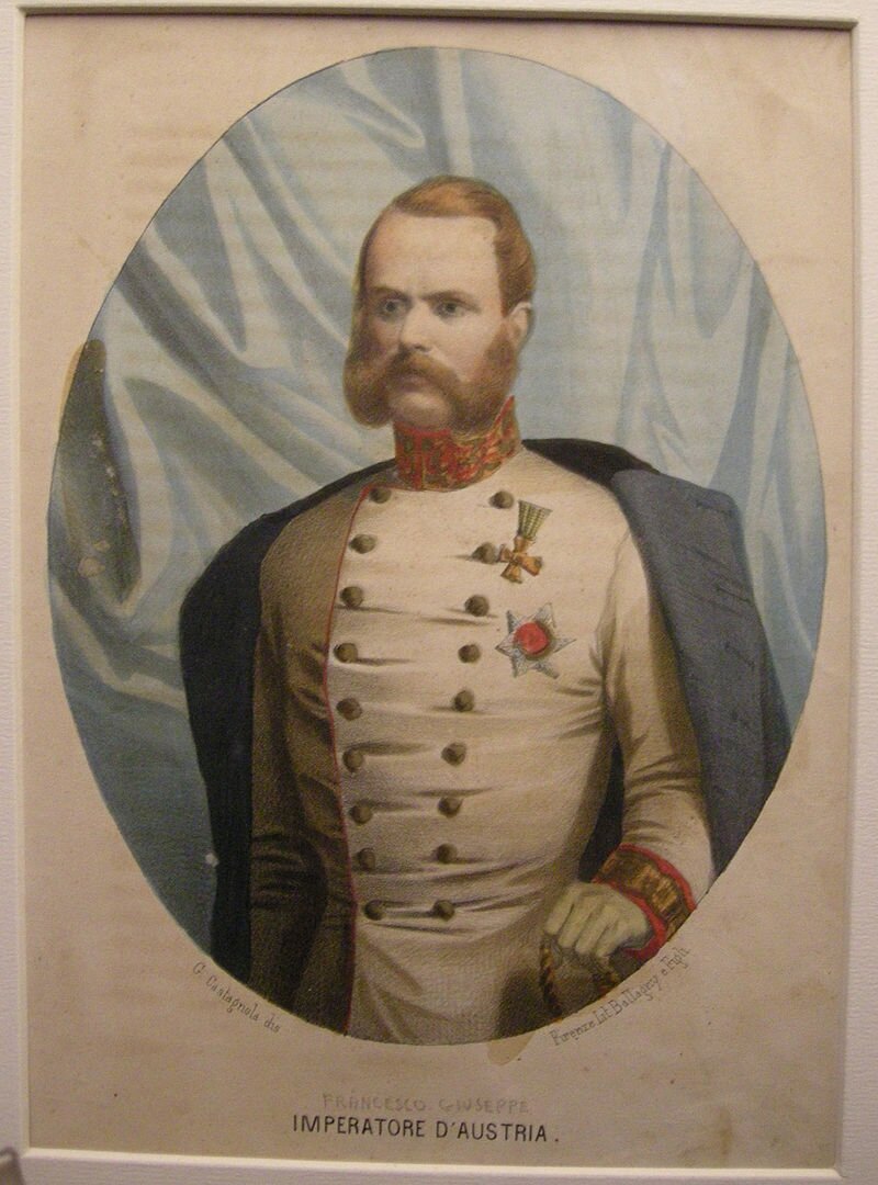 Na obrazie mężczyzna w stroju cesarskim. Ma przypięty medal i order. Ma rude, krótkie włosy oraz gęste bokobrody z wąsami.