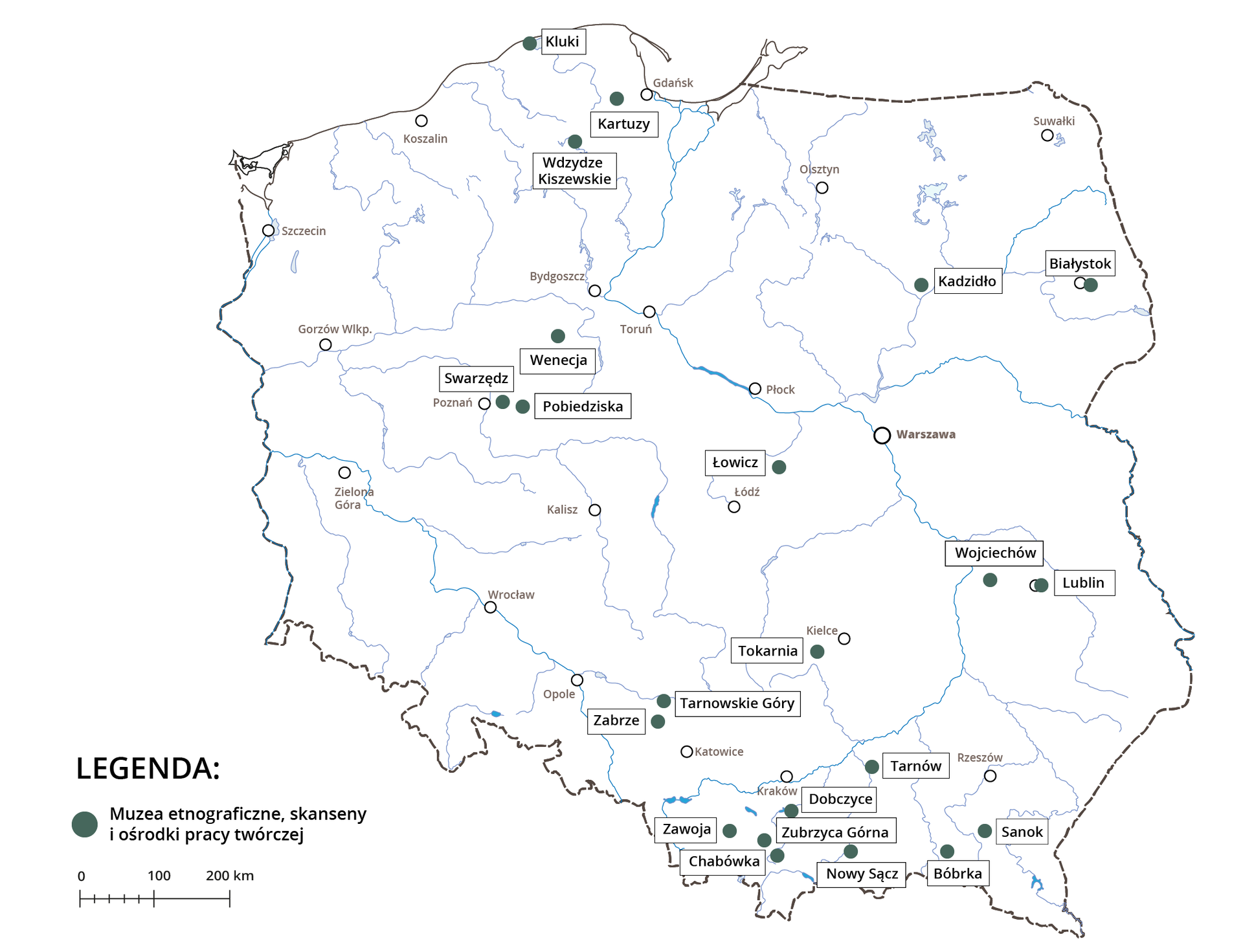 Na mapie Polski zaznaczono miejscowości, w których są muzea etnograficzne, skanseny i ośrodki pracy twórczej. Wyróżniono następujące miejscowości: Kluki, Kartuzy, Wdzydze Kiszewskie, Białystok, Kadzidło, Wenecja, Swarzędz, Pobiedziska, Łowicz, Wojciechów, Lublin, Tokarnia, Tarnowskie Góry, Zabrze, Zawoja, Chabówka, Zubrzyca Górna, Dobczyce, Nowy Sącz, Tarnów, Bóbrka, Sanok.